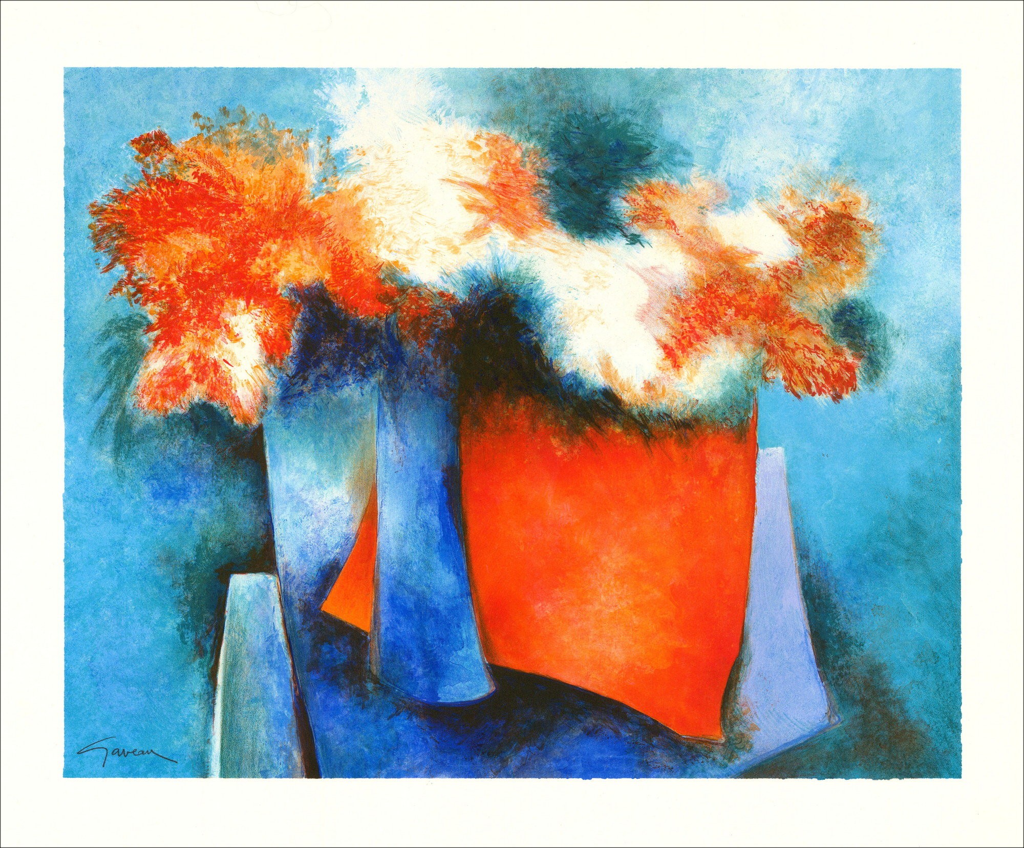 Claude Gaveau - Bouquet presso il vaso blu, Litografia originale 1991