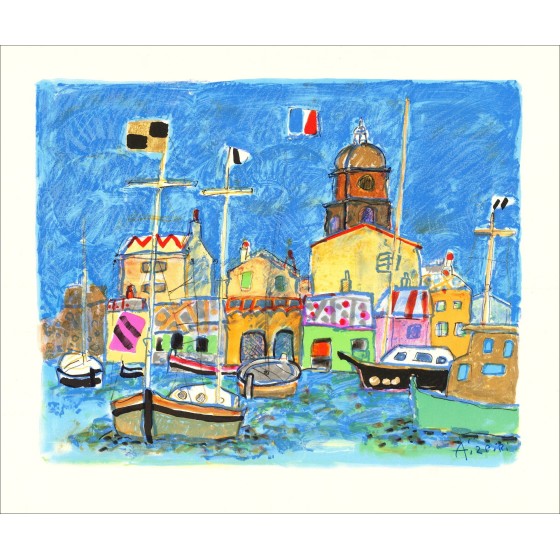 Paul Aïzpiri - Original-Lithographie "Boote am Hafen" 46x56cm - 1993