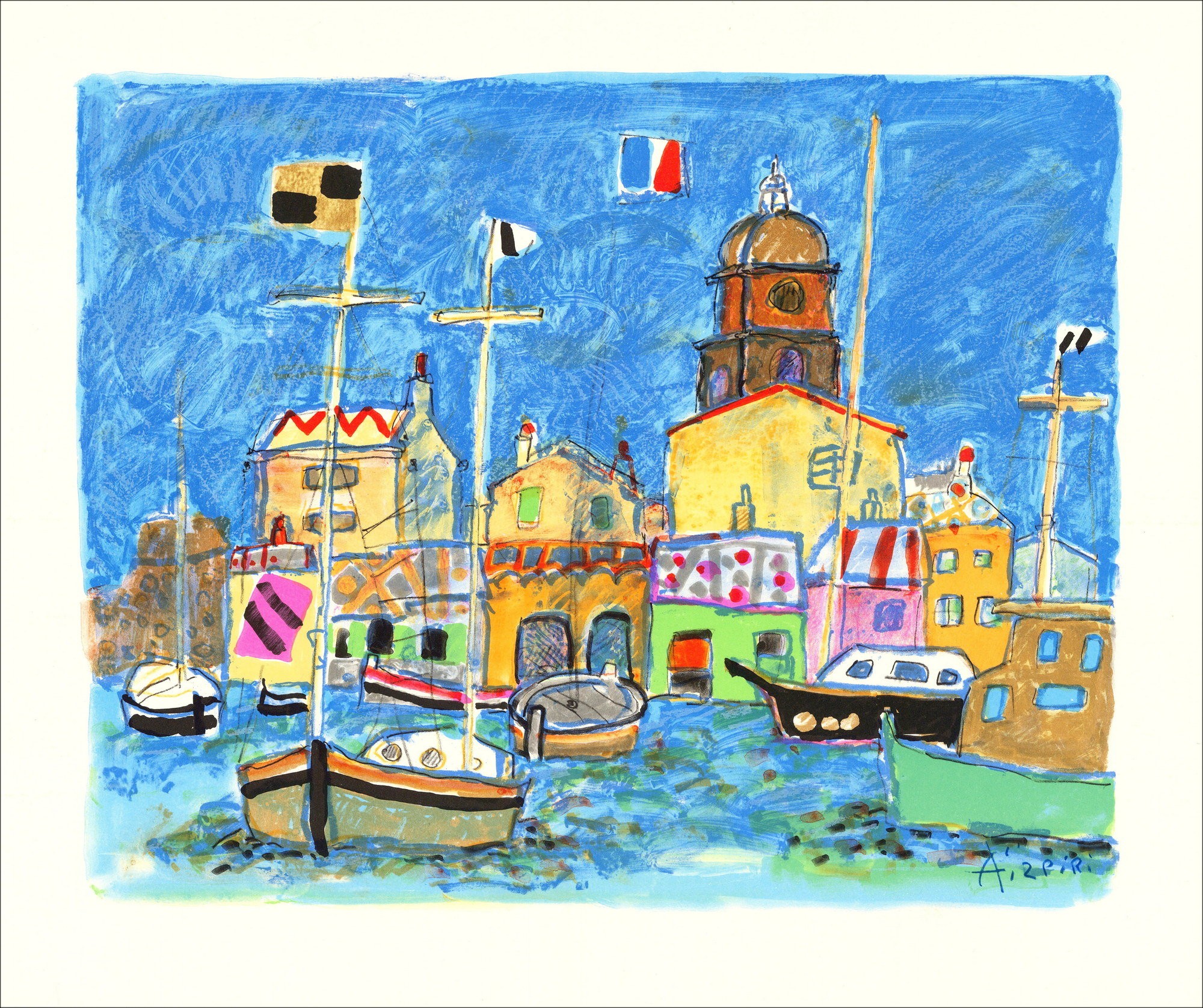 Paul Aïzpiri - Originele litho "boten in de haven" 46x56cm - 1993