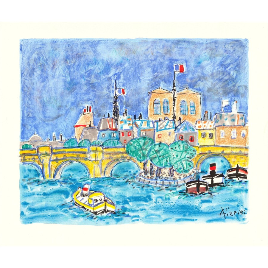 Paul AïZPIRI - Original lithograph "Our Lady of Paris and the Seine" 46x56cm - 1993