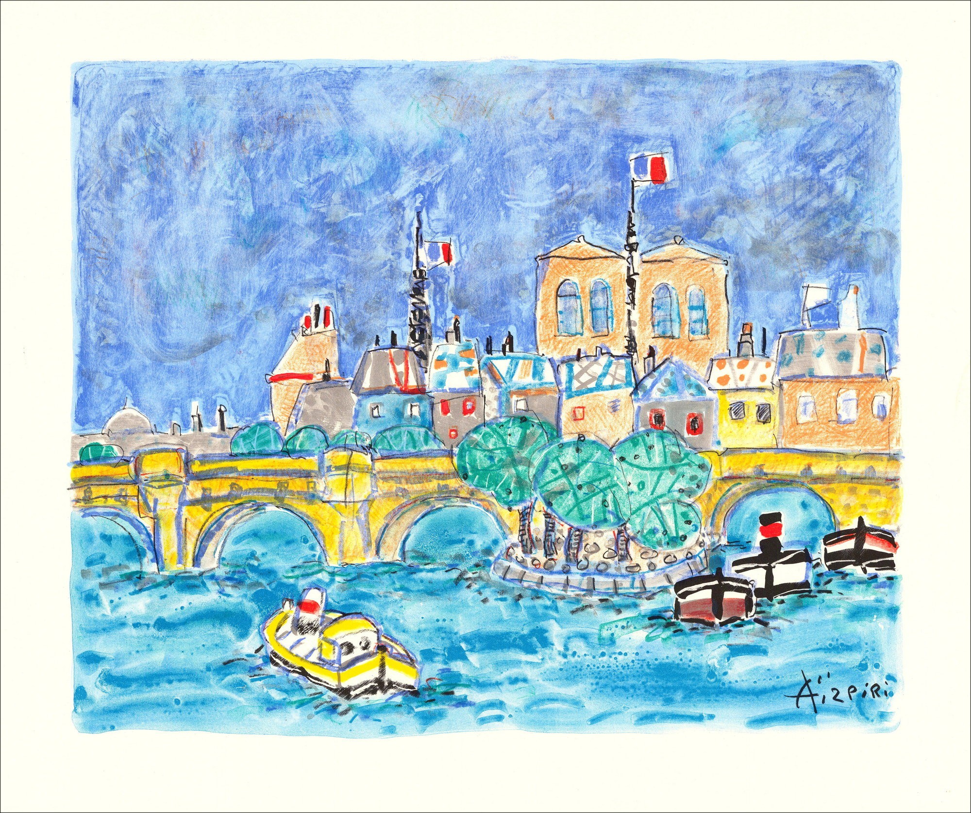 Paul Aïzpiri - Original-Lithographie "Notre Dame de Paris und die Seine" 46x56cm - 1993