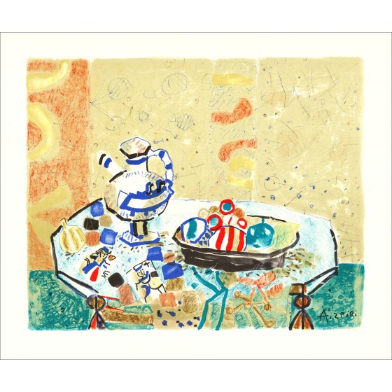 Paul AÏZPIRI - Litografia originale "Vaso e frutti" 46x56cm - 1993
