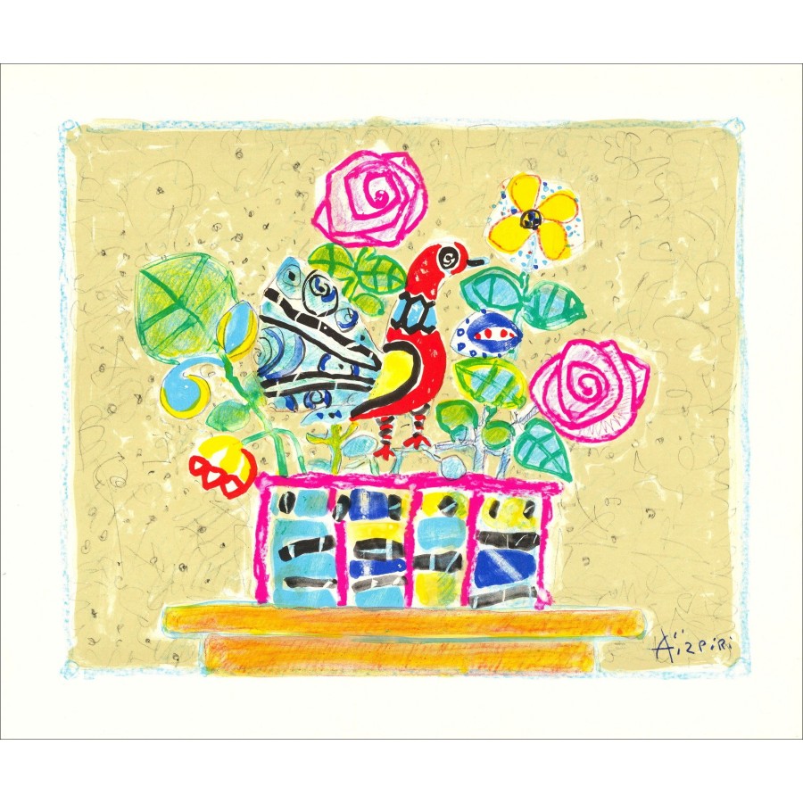 Paul Aïzpiri - Original-Lithographie "Der rote Vogel" 46x56cm - 1993
