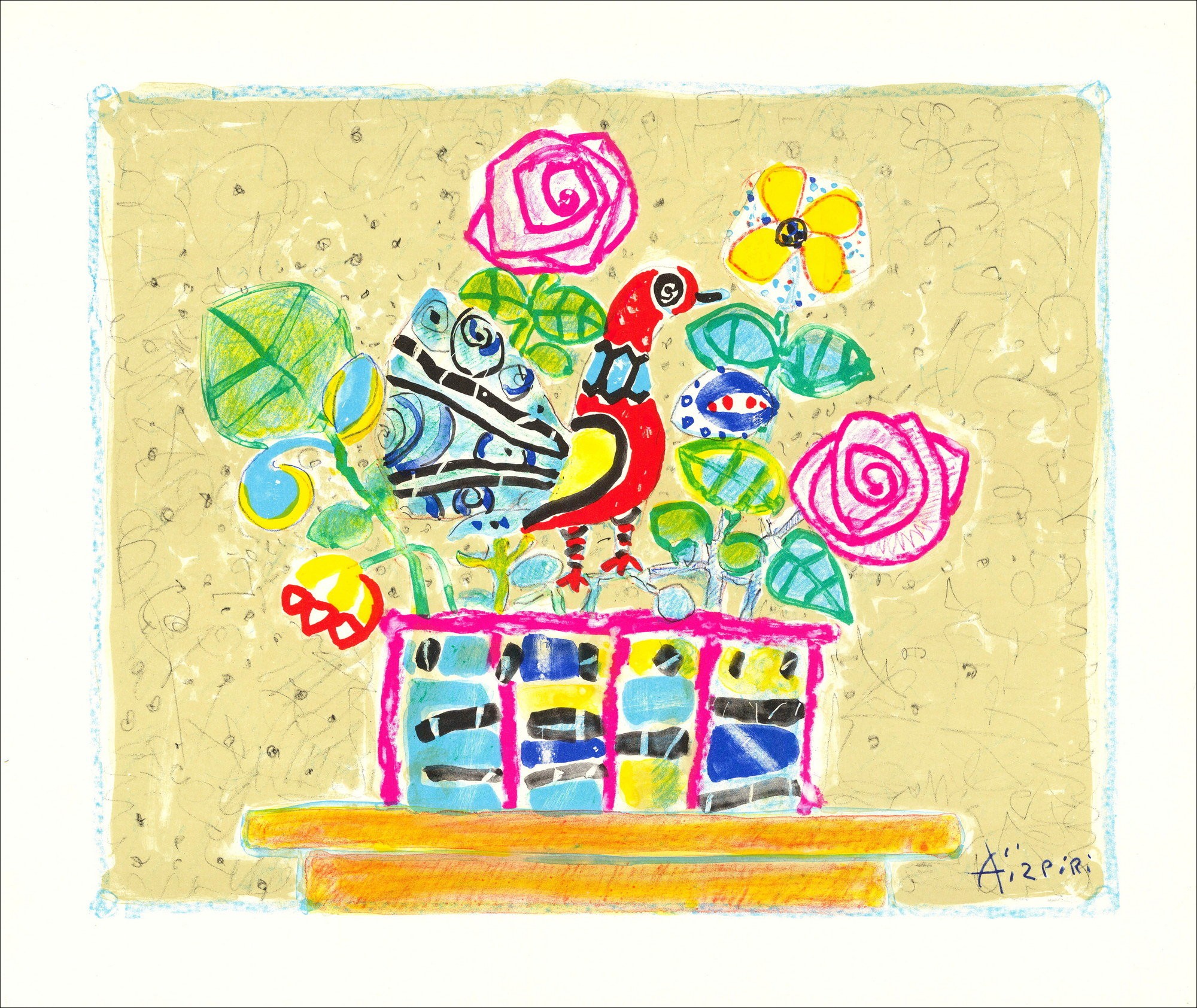Paul AïZPIRI - Litografía original "El pájaro rojo" 46x56cm - 1993
