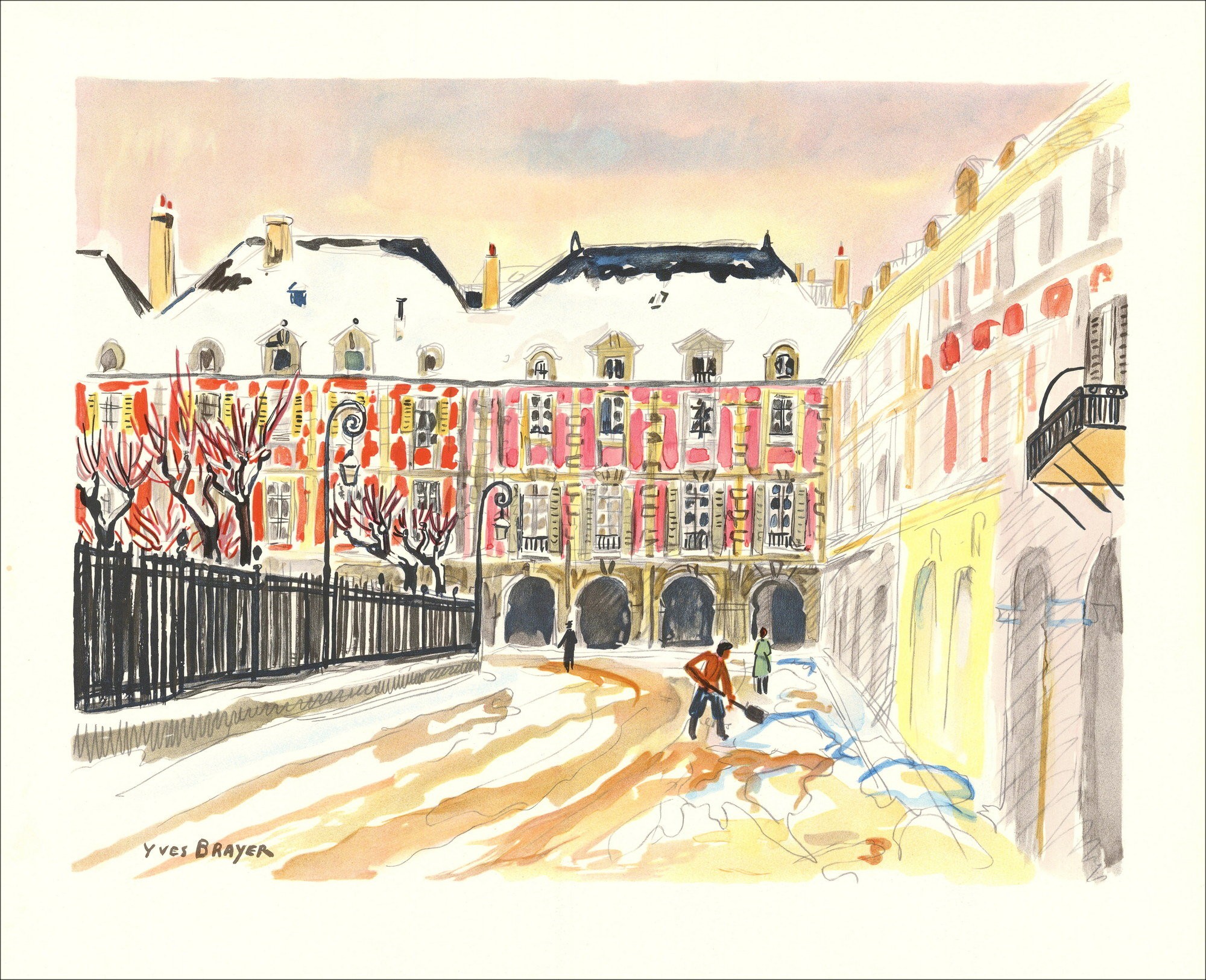 Yves Brayer - Litografia originale "Parigi, Place des Vosges" 45x56cm - 1989