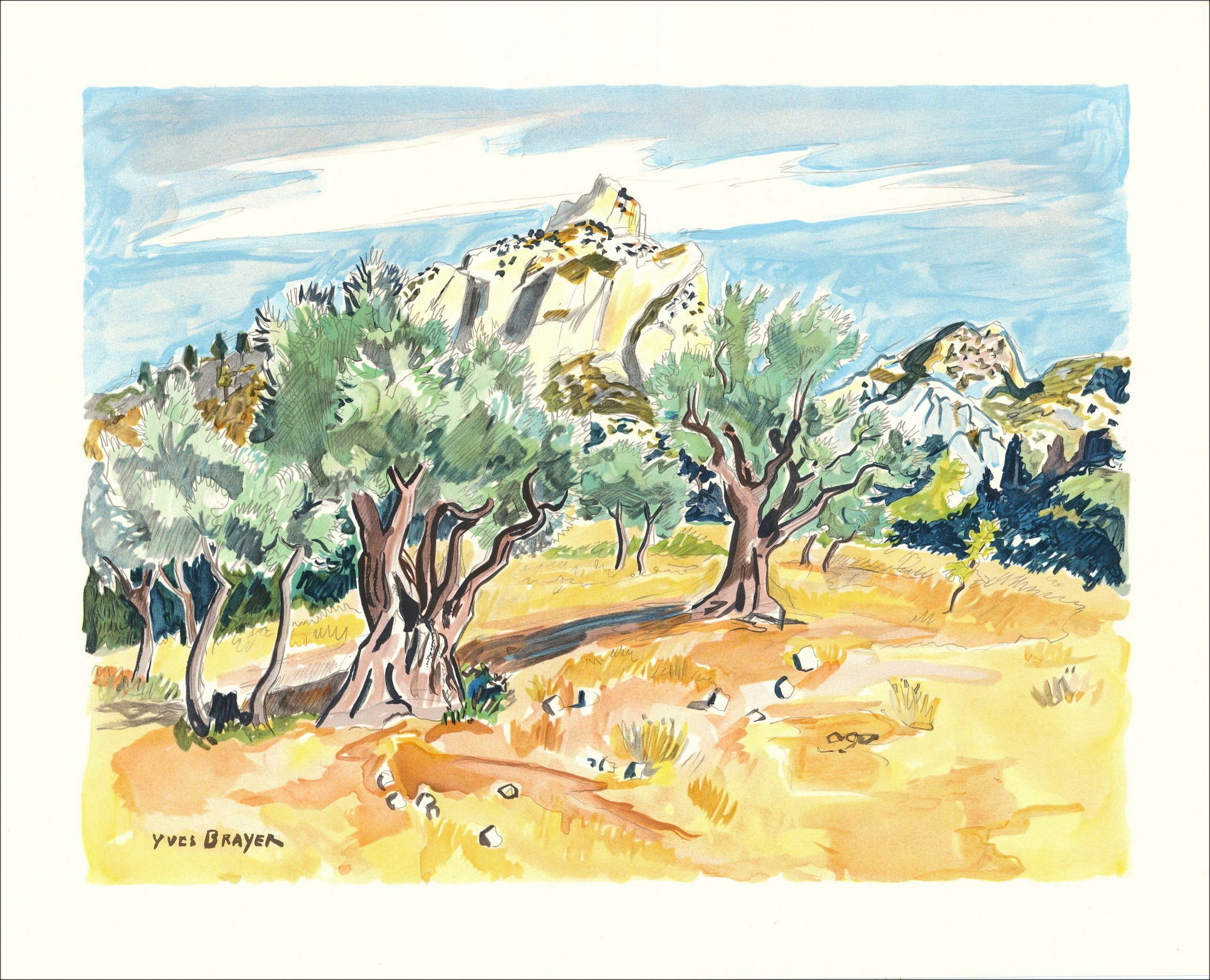 Yves BRAYER - Lithographie originale "Oliviers à Saint Rémy de Provence" 45x56cm - 1989
