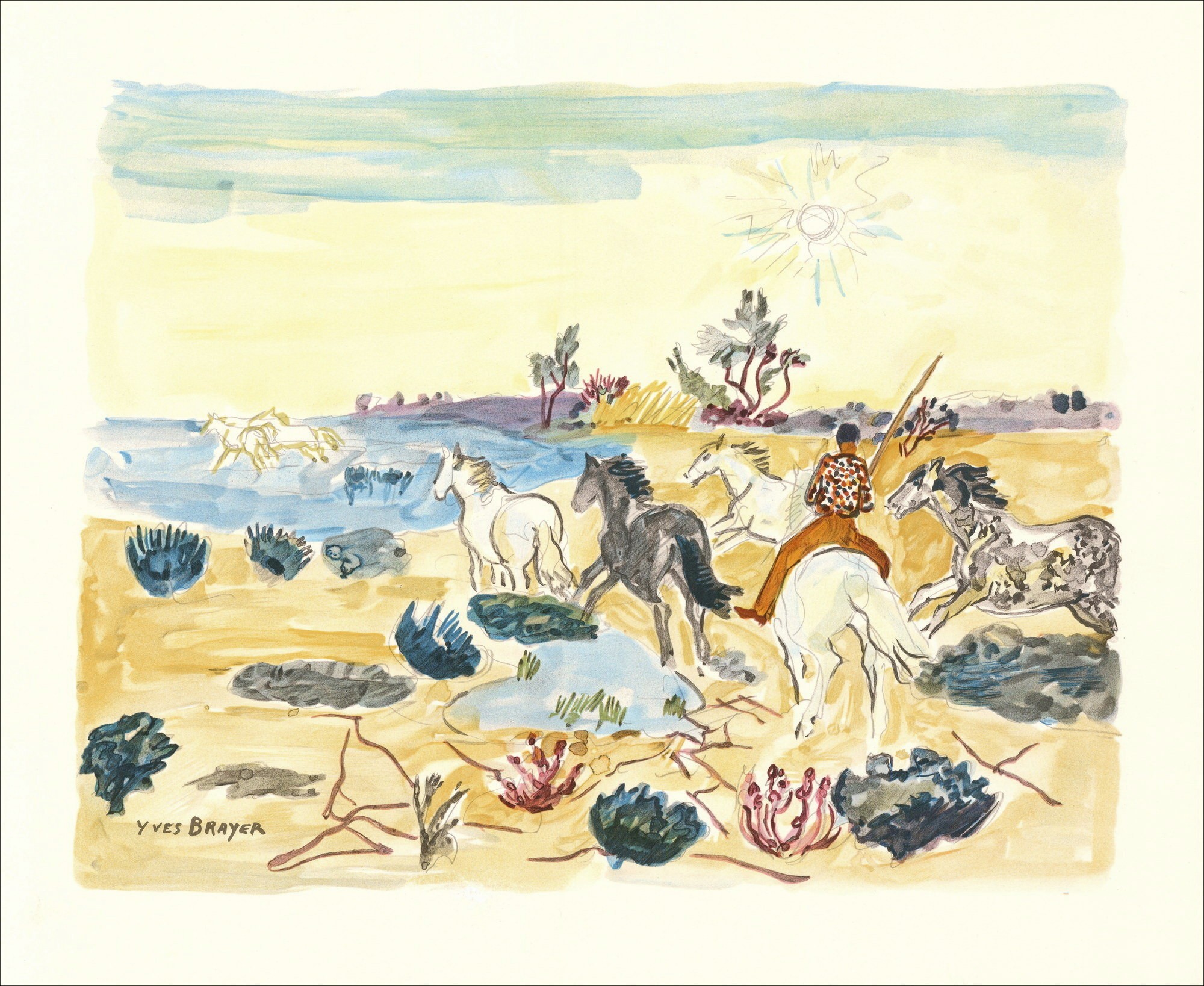 Yves Brayer - Litografia originale "Gardian in Camargue" 45x56cm - 1989