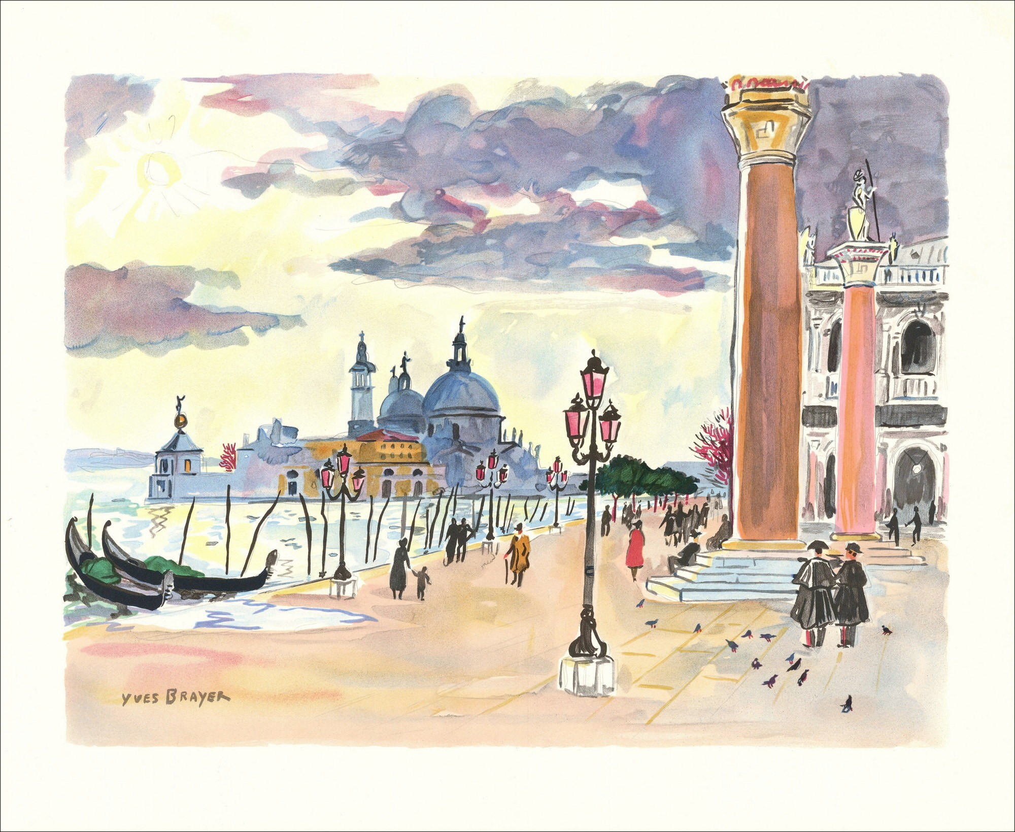Yves BRAYER - Litografía original "Venecia, La Salute" 45x56cm - 1989