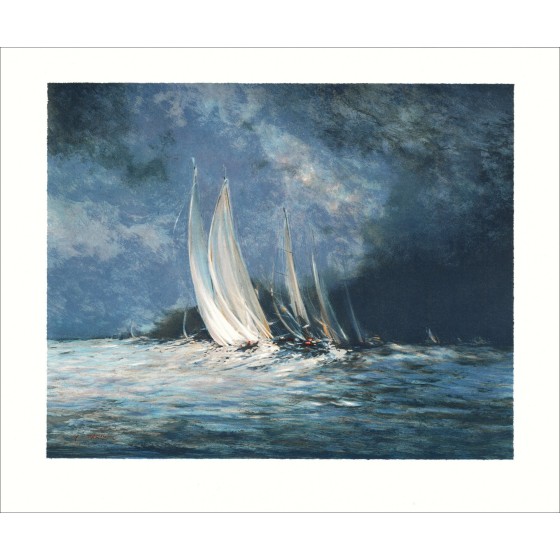 François D'Izarny - Litografía original "Barcos al mar" 45x56cm - 1994