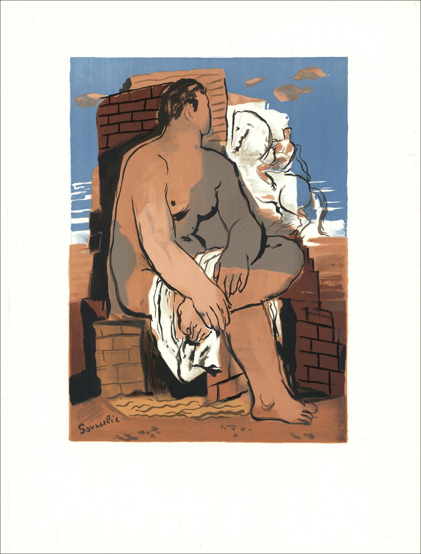 SOUVERBIE Jean - Litografia "Personaggio e cavaliere con cavallo bianco" 67x51cm - 1970