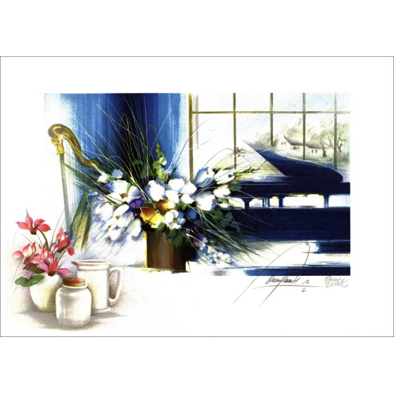 Compra Litografía original Raymond Pollo Piano con ramo blanco