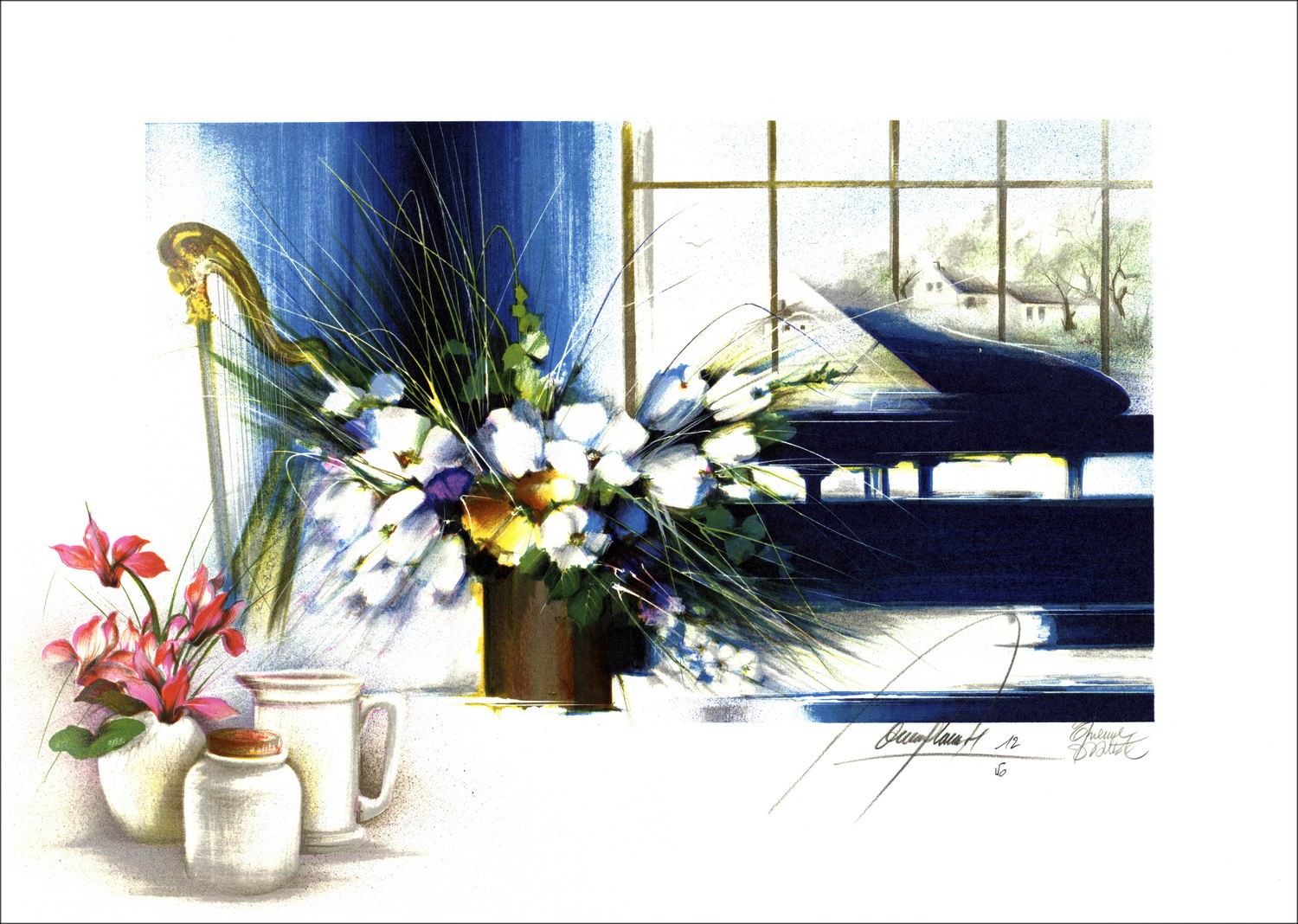 Purchase Original Lithograph by Raymond POULET Piano with White Bouquet