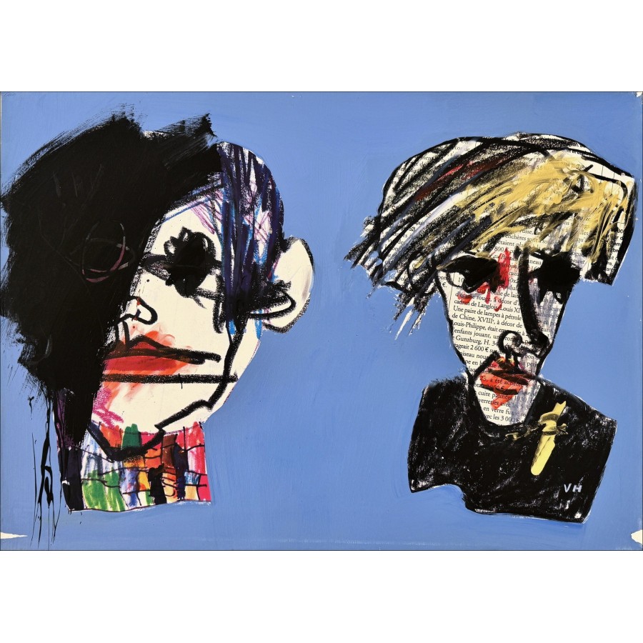 Victor Hasch: Basquiat tegen Warhol, Blue - Original Painting 50x70