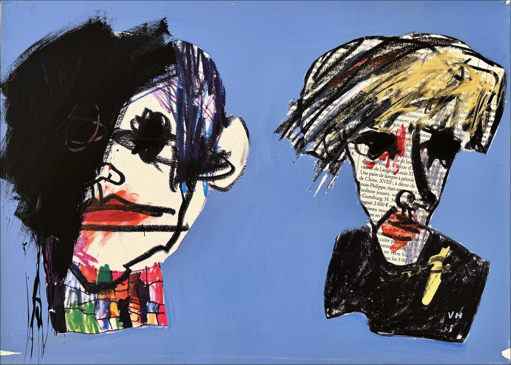 Victor Hasho: Basquiat gegen Warhol, blau - Original Malerei 50x70