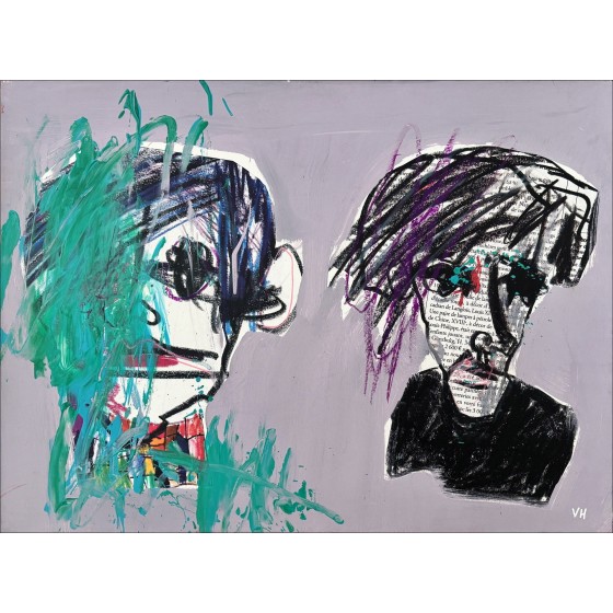 Victor Hasch: Basquiat vs Warhol, Grey - Original Painting 54x73 cm