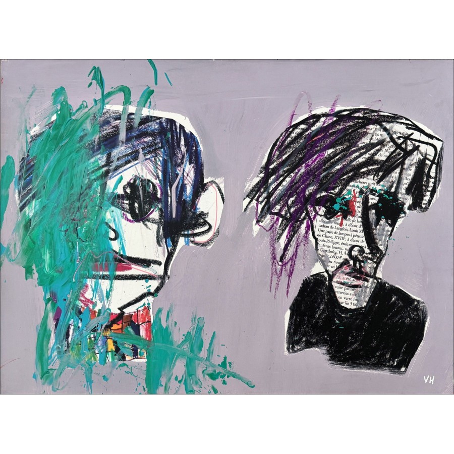 Victor HASCH: Basquiat vs warhol, grigio - Pittura originale 54x73 cm