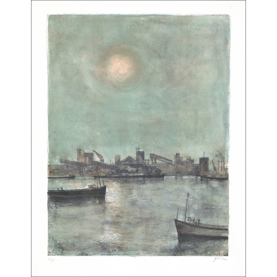 Acquista la litografia originale di Bernard GANTNER "Il porto al crepuscolo".