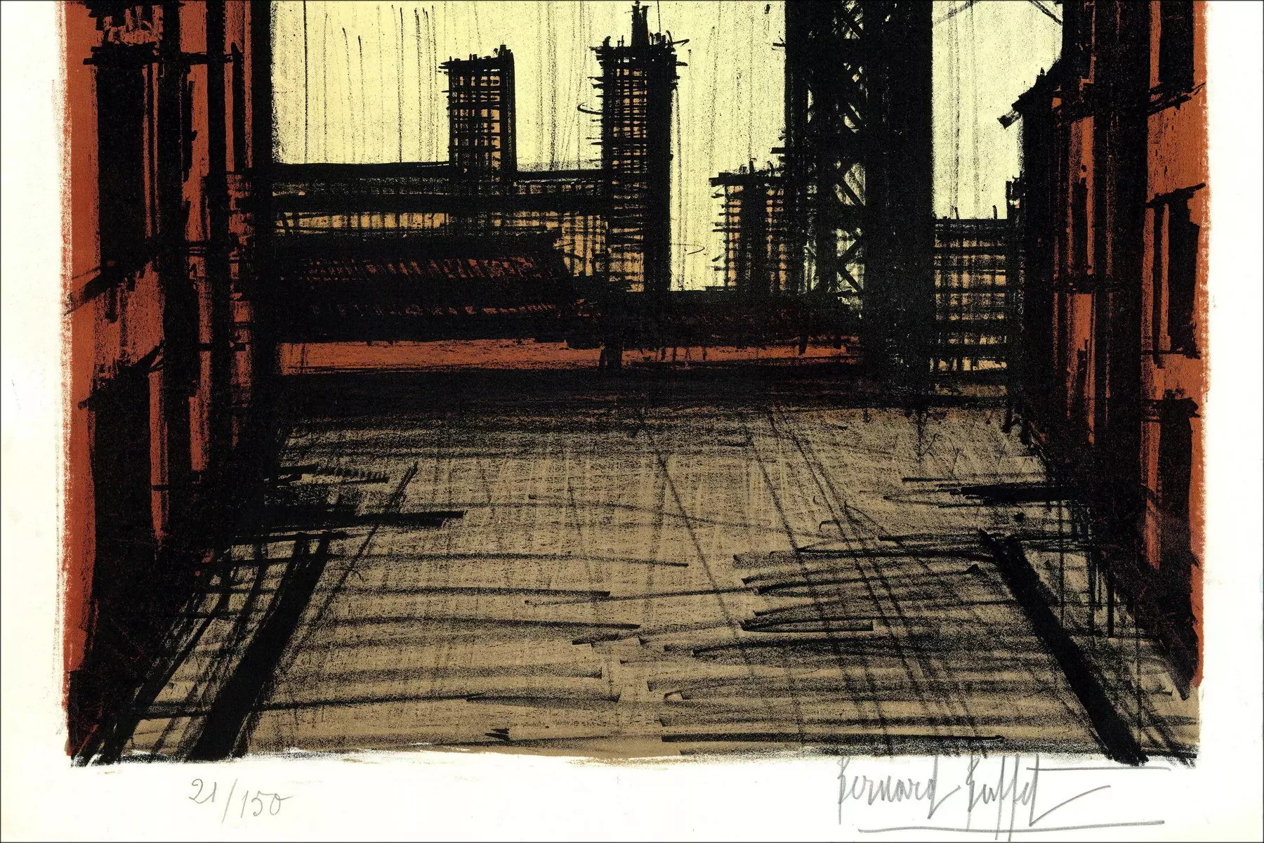 Bernard Buffet : Litografía "Nueva York, Puente de Brooklyn" 1964