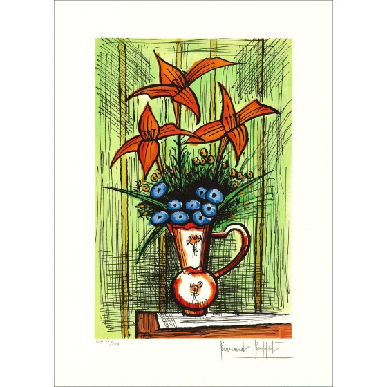Bernard Buffet: Litografia "Bouquet di fiori in sfondo verde" 64x47cm