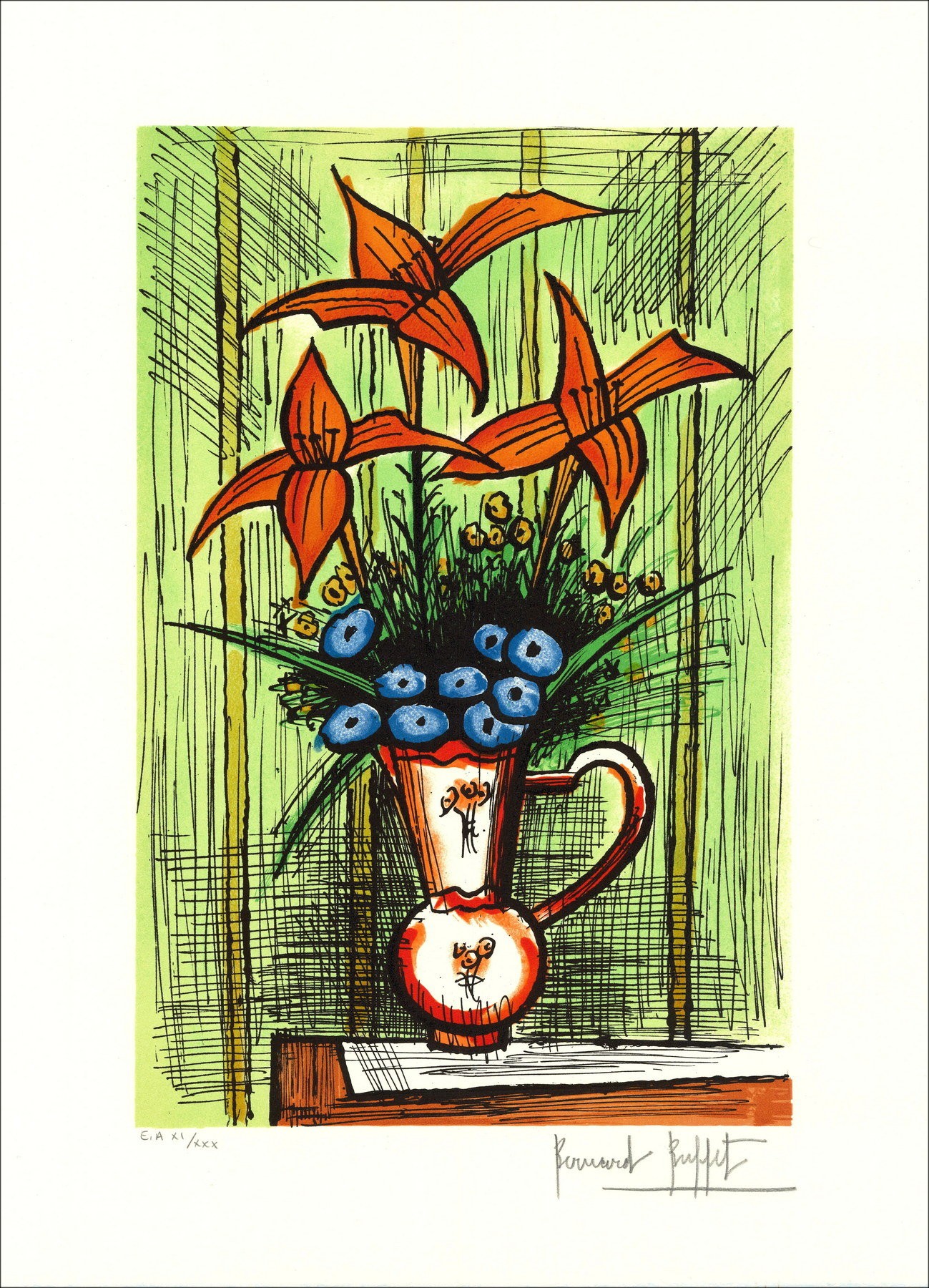 Bernard Buffet : Lithographie "Bouquet de fleurs au fond vert" 64x47cm