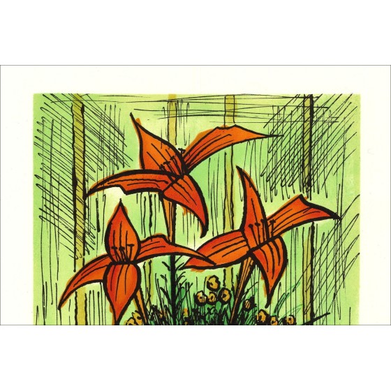 Bernard Buffet: Lithographie "Blumenstrauß in grünem Hintergrund" 64x47cm