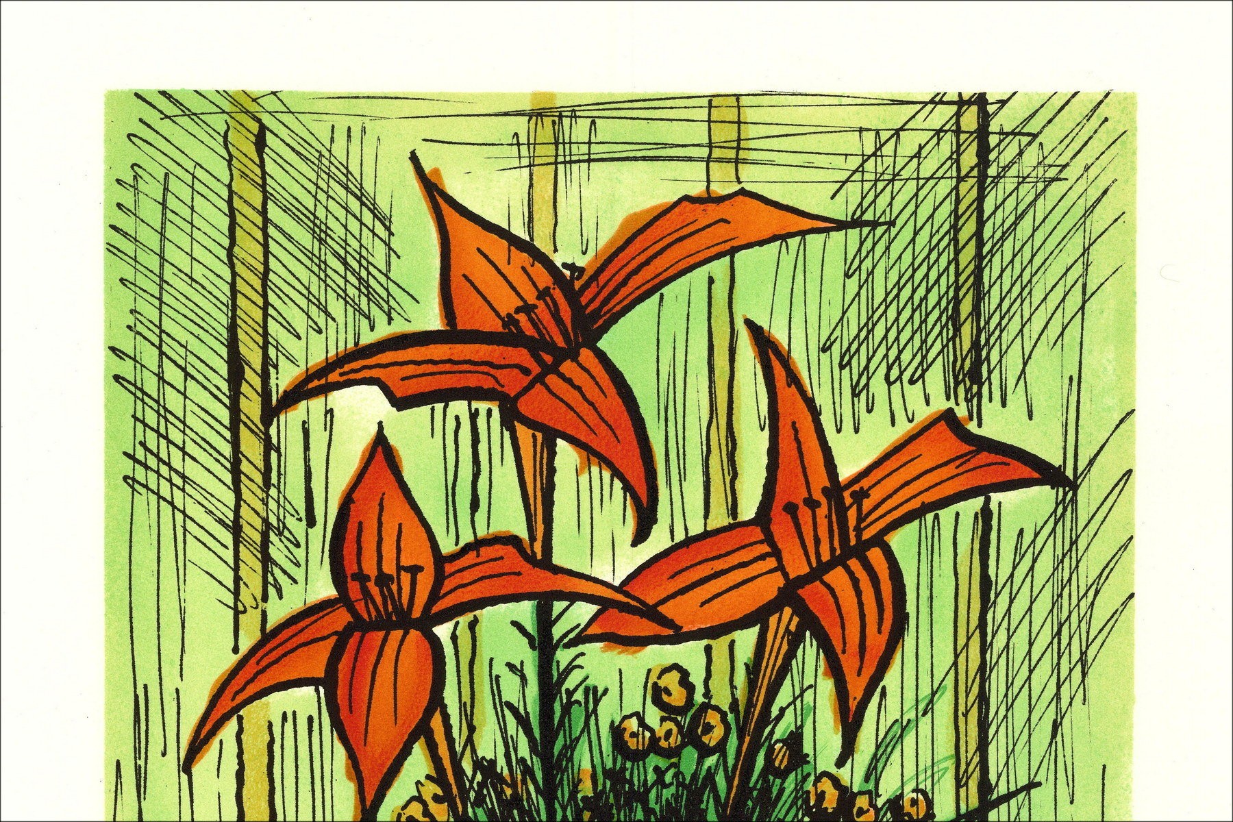 Bernard Buffet: Litografia "Bouquet di fiori in sfondo verde" 64x47cm