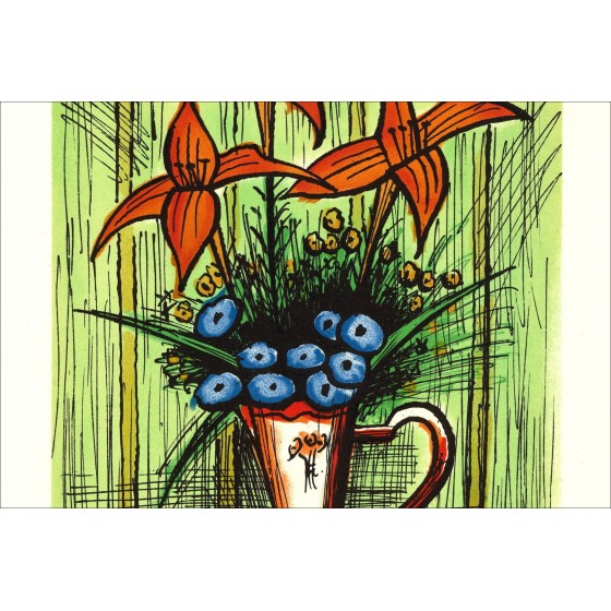 Bernard Buffet : Lithographie "Bouquet de fleurs au fond vert" 64x47cm