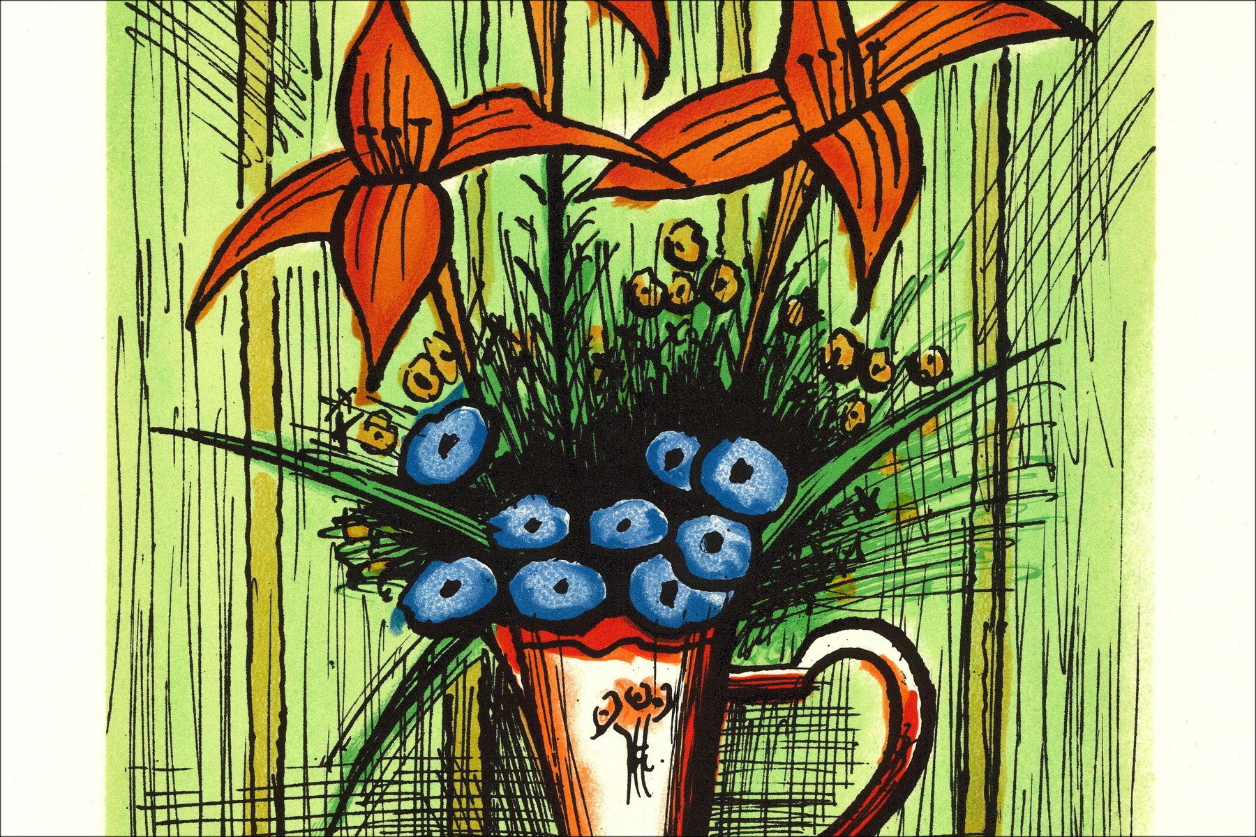 Bernard Buffet : Lithographie "Bouquet de fleurs au fond vert" 64x47cm