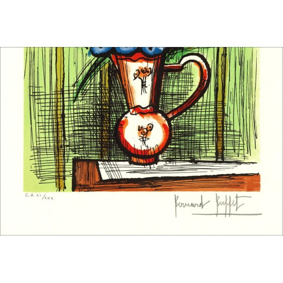 Bernard Buffet : Lithograph "Bouquet de fleurs au fond vert" 64x47cm