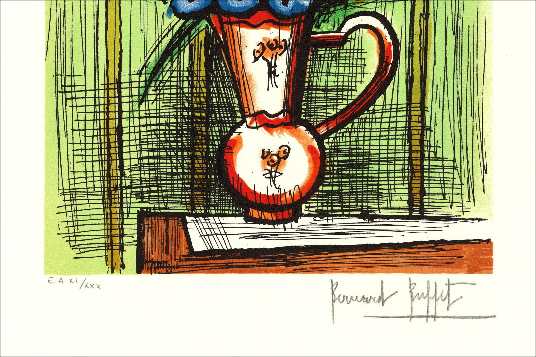 Bernard Buffet : Lithographie "Bouquet de fleurs au fond vert" 64x47cm