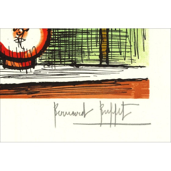 Bernard Buffet : Litografía "Bouquet de fleurs au fond vert" 64x47cm