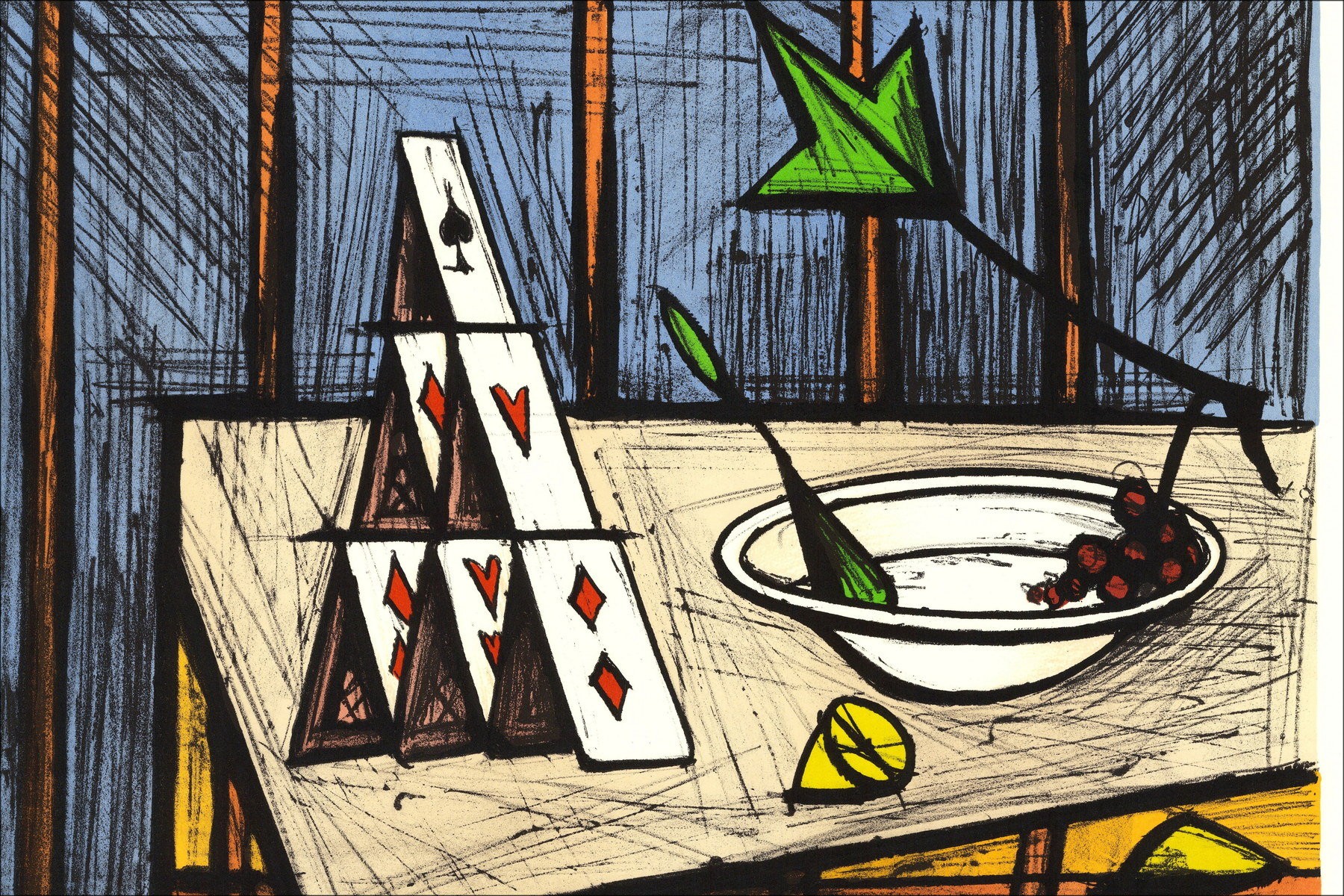 Bernard Buffet : Litografía "Juego de tarjetas" 58x76cm