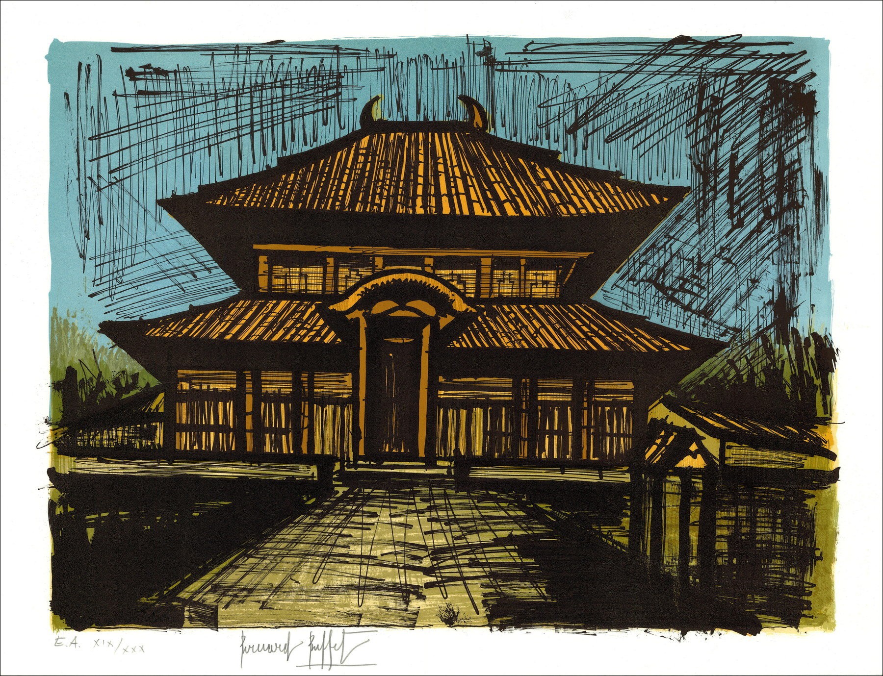Bernard Buffet: Lithoh "Temple Ryoan-Ji" 58x76cm - 1982