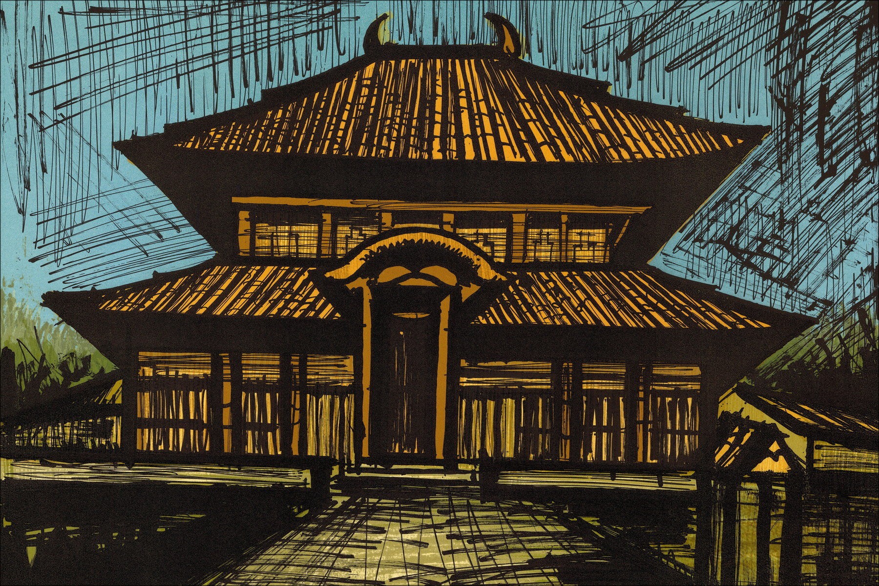 Bernard Buffet: Lithographie "Tempel Ryoan-ji" 58x76cm - 1982