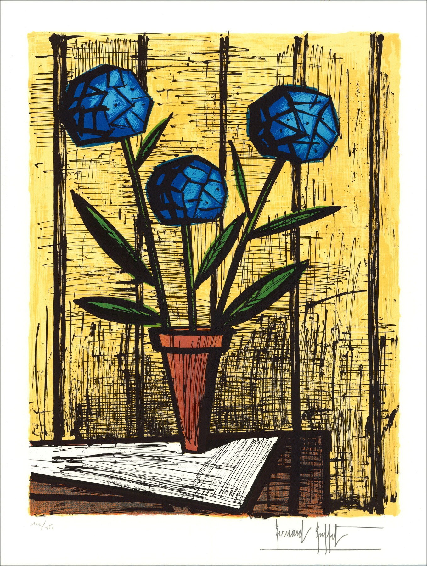 Bernard Buffet : Lithograph "Blue Hydrangeas" 76x58cm - 1984