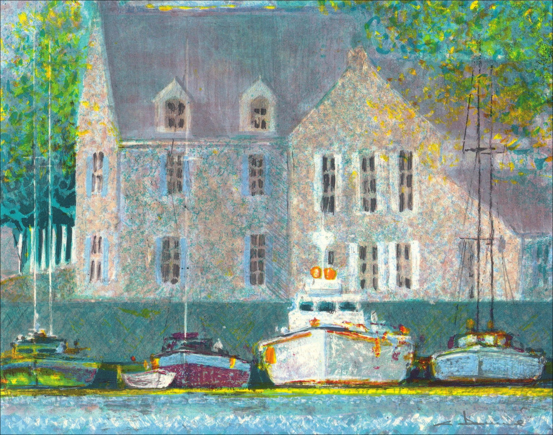 Originele lithografie "De haven van Guildo" 22x29cm