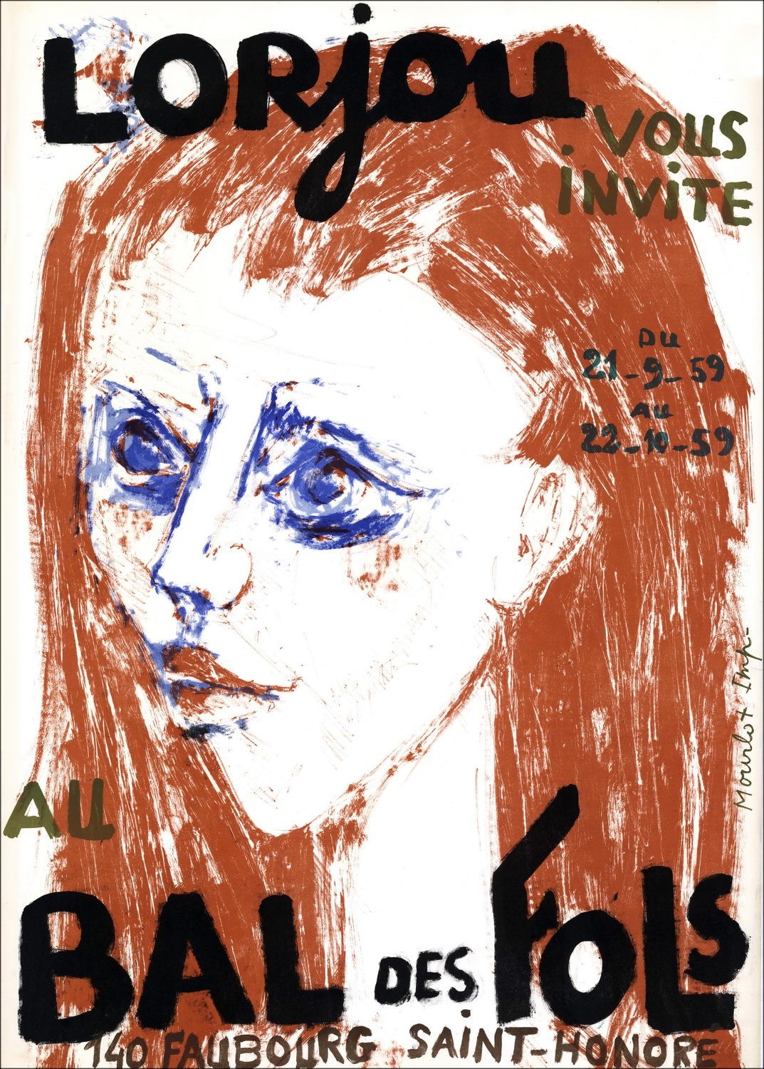 Bernard Lorjou - Litografía "Exposición, la pelota, París" 75x53cm - 1959 - Poster original Mourlot