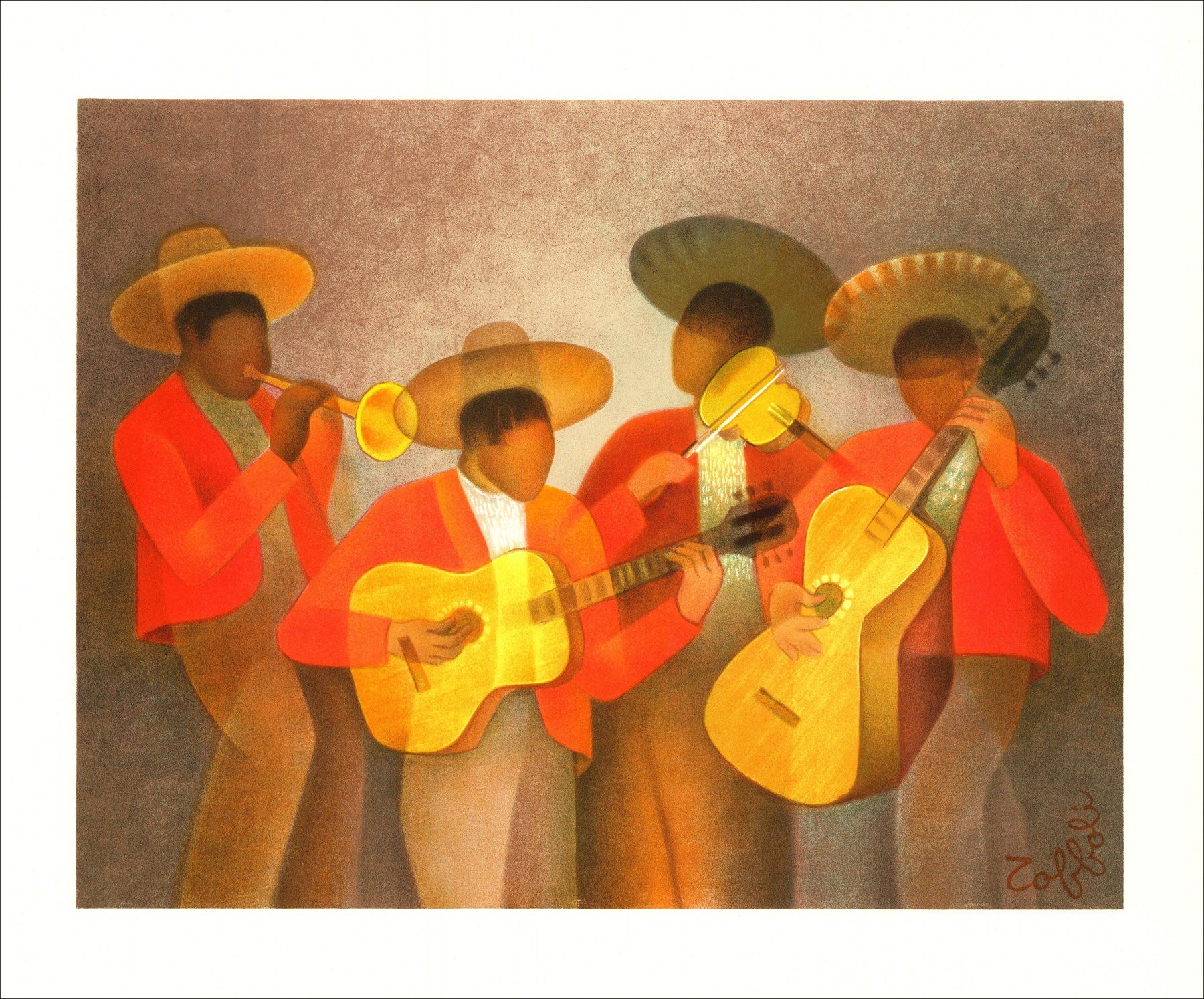 Louis Toffoli - Mariachis, Mexico, Originele Litho (1987)