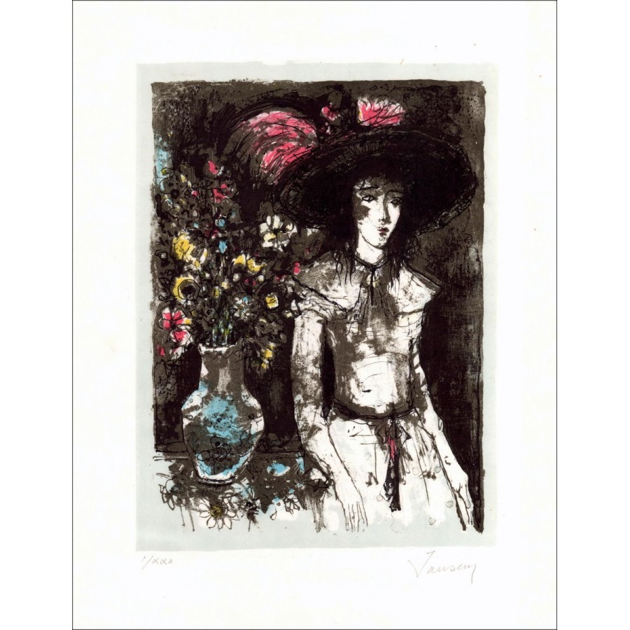 Jean Jansem: Das Mädchen am Strauß, Original-Lithographie, die vom Künstler in Bleistift unterzeichnet und gerechtfertigt ist