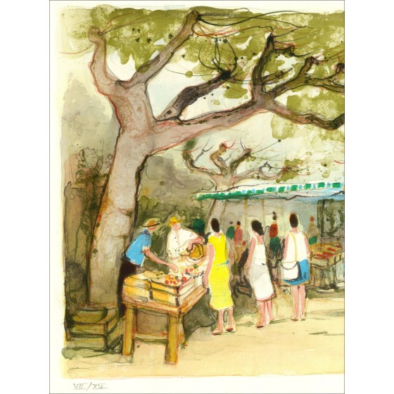 Michel Joyenne - de markt, ondertekende lithografie