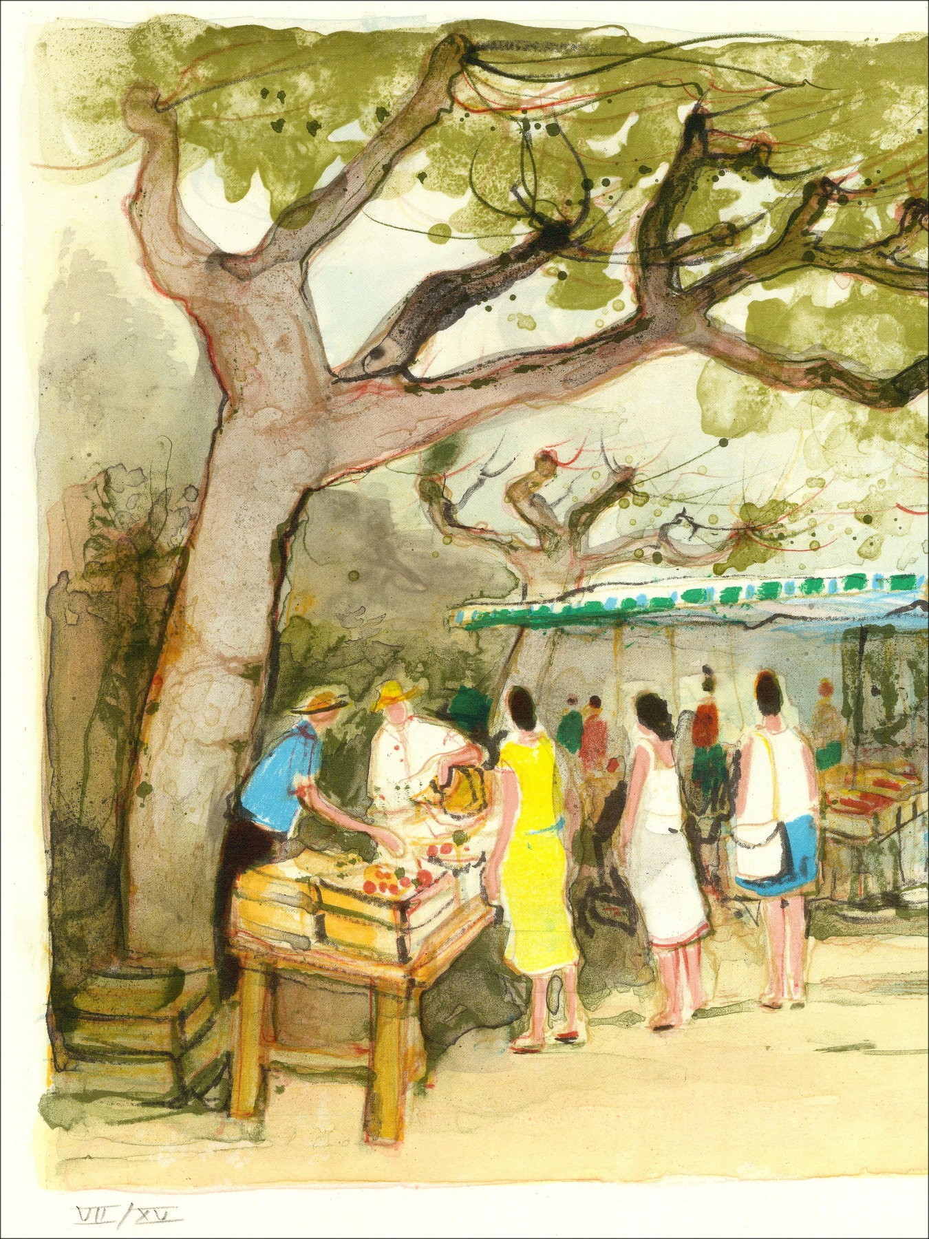 Michel Joyenne - Il mercato, Litografia firmata