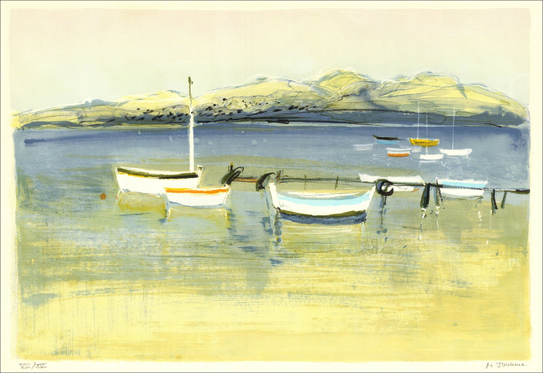 Michel Joyenne - Die Boote, unterzeichnete Lithographie