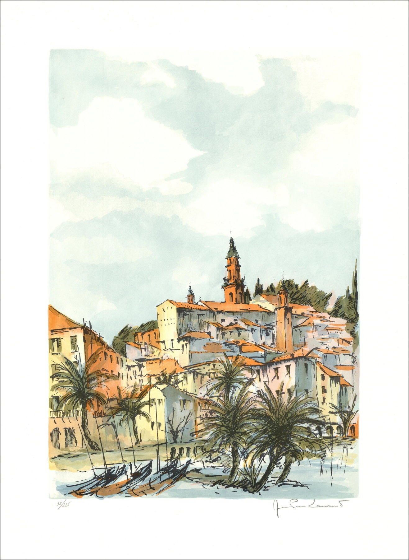 Jean Pierre Laurent – Village de pêcheurs, lithographie