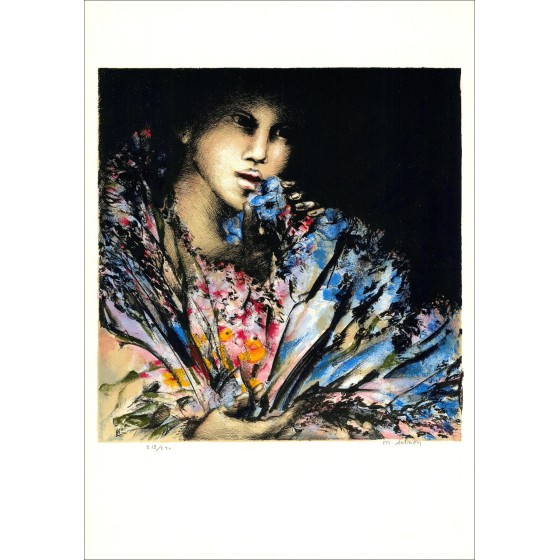 Michèle Salmon - vrouw op boeket, ondertekende lithografie
