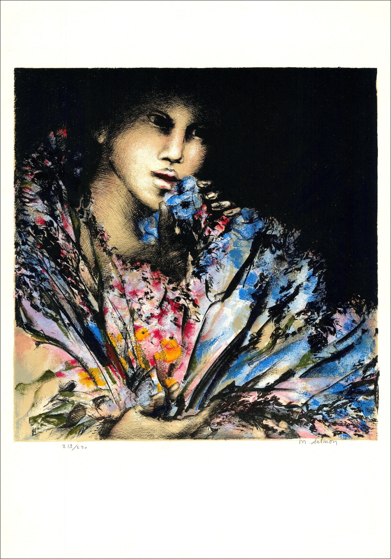Michèle Salmon - vrouw op boeket, ondertekende lithografie
