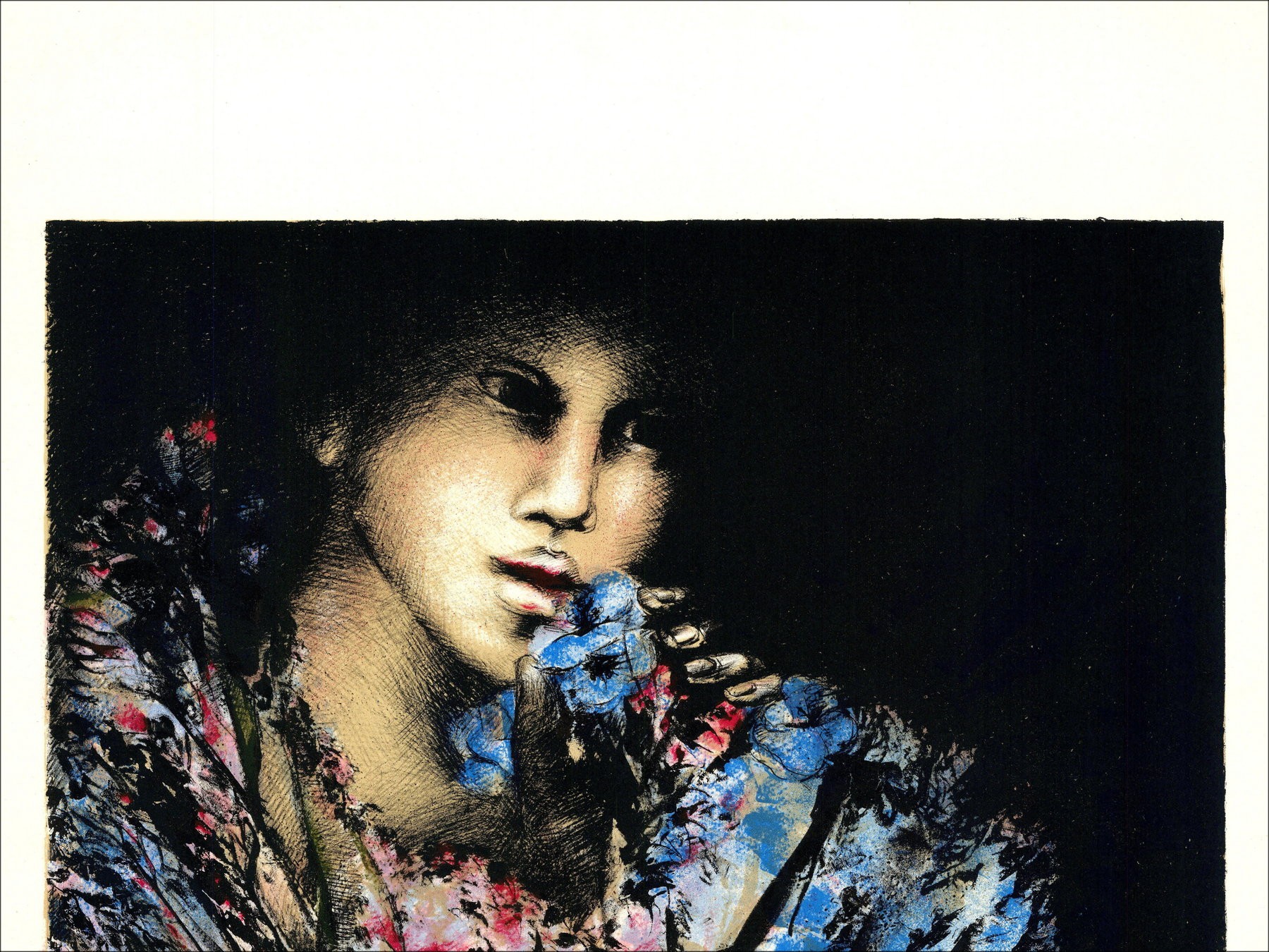 Michèle Salmon – Woman with bouquet, lithography signed