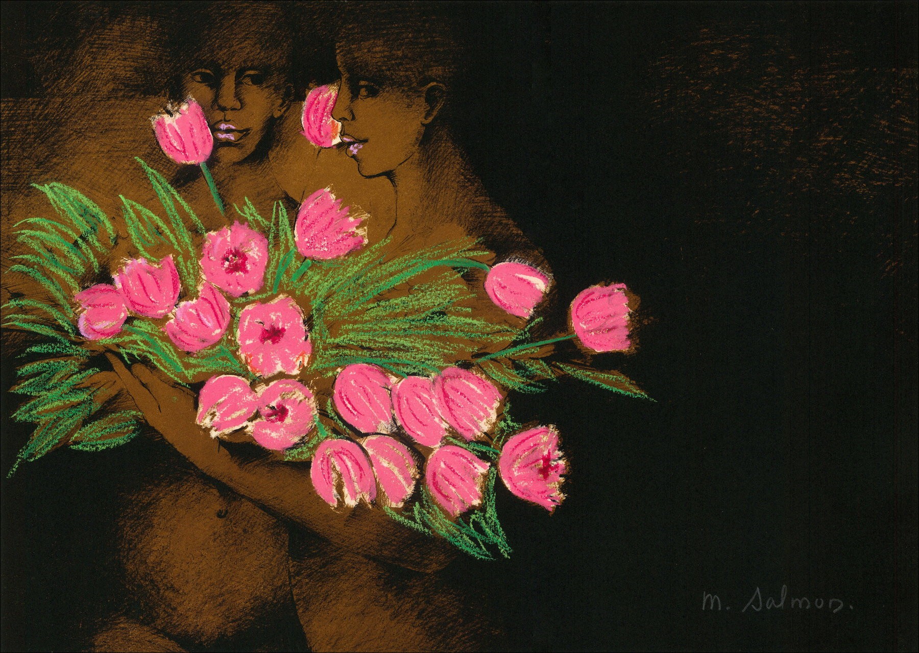 Michèle Salmon – Mujeres con tulipanes, trabajo firmado