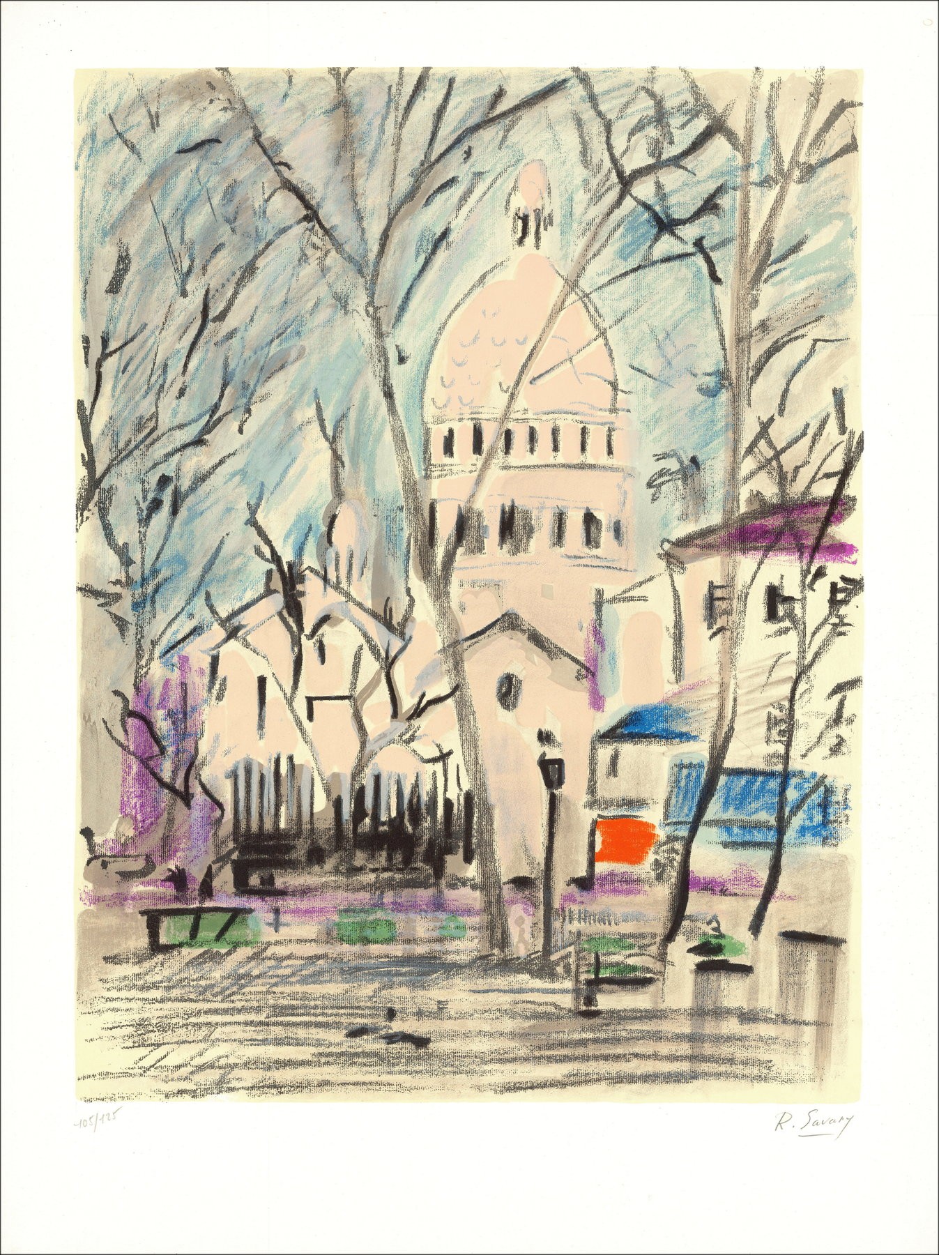 Robert Savary - Parigi, Montmartre, il Sacro Cuore, litografia