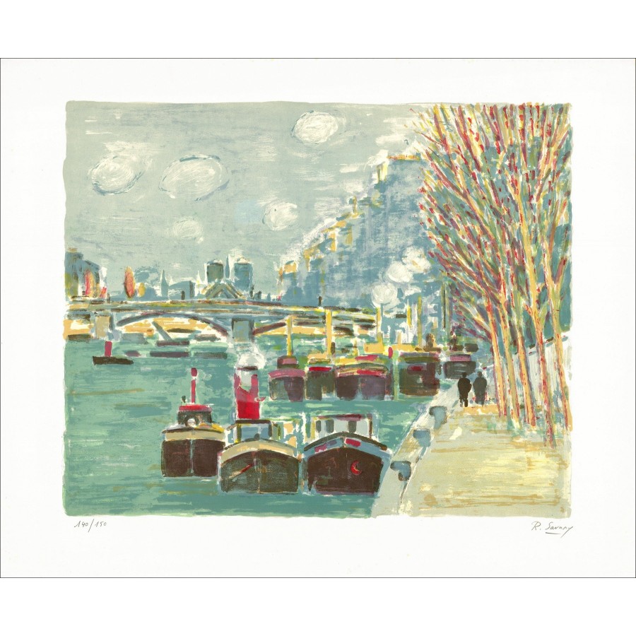 Robert Savary - Paris, Die Bargen auf der Seine - Lithograph signiert