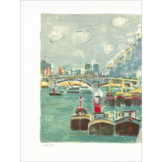Robert Savary - Paris, The barges on the Seine - Signed lithograph